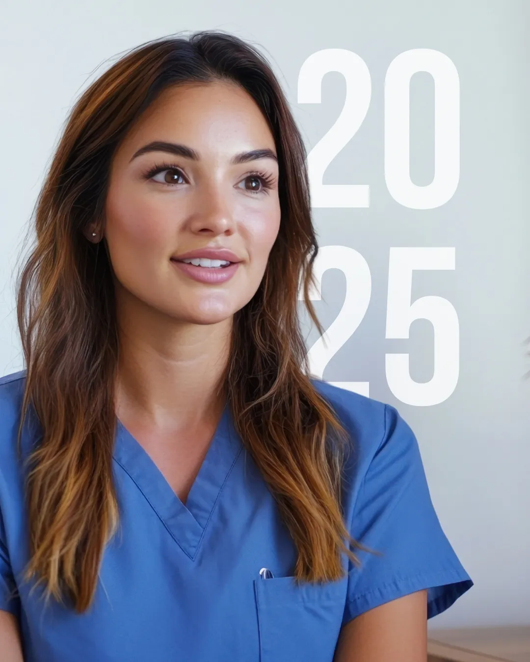 A clinician in scrubs in front of large 2025 typography